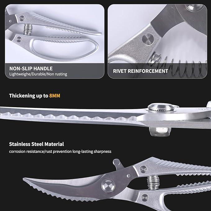 Heavy Duty Kitchen Shears - Professional Poultry Scissors with Anti-Slip Handle & Safety Lock, Spring-Loaded Dishwasher Safe for Chicken, Meat, Fish, Bones, Vegetables
