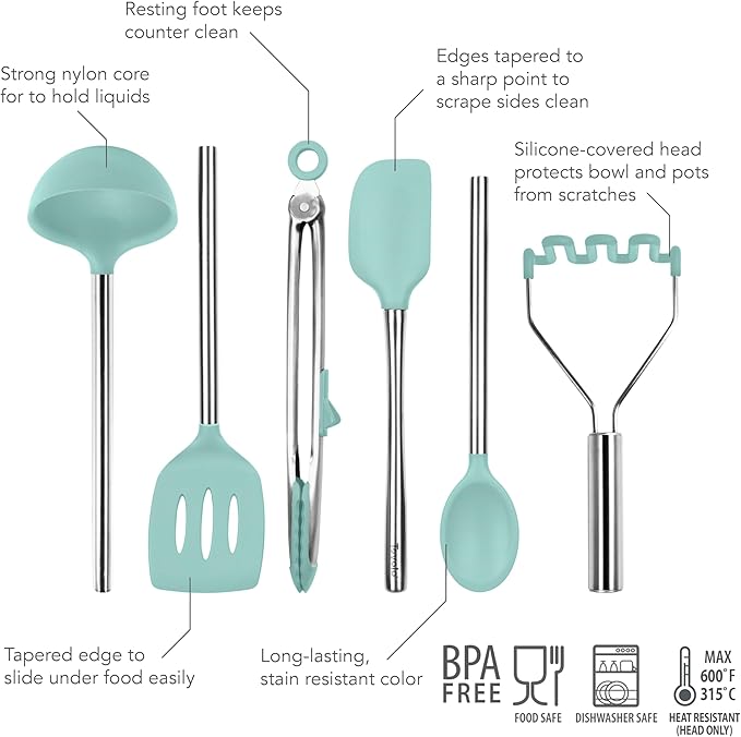 Tovolo Silicone Cooking Utensil Set of 6 Aqua Seafoam Green Ladle Slotted Turner Tongs Flex Core Spatula Scraper Mixing Spoon and Potato Masher, Dishwasher Safe Non Toxic BPA Free Kitchen Utensils