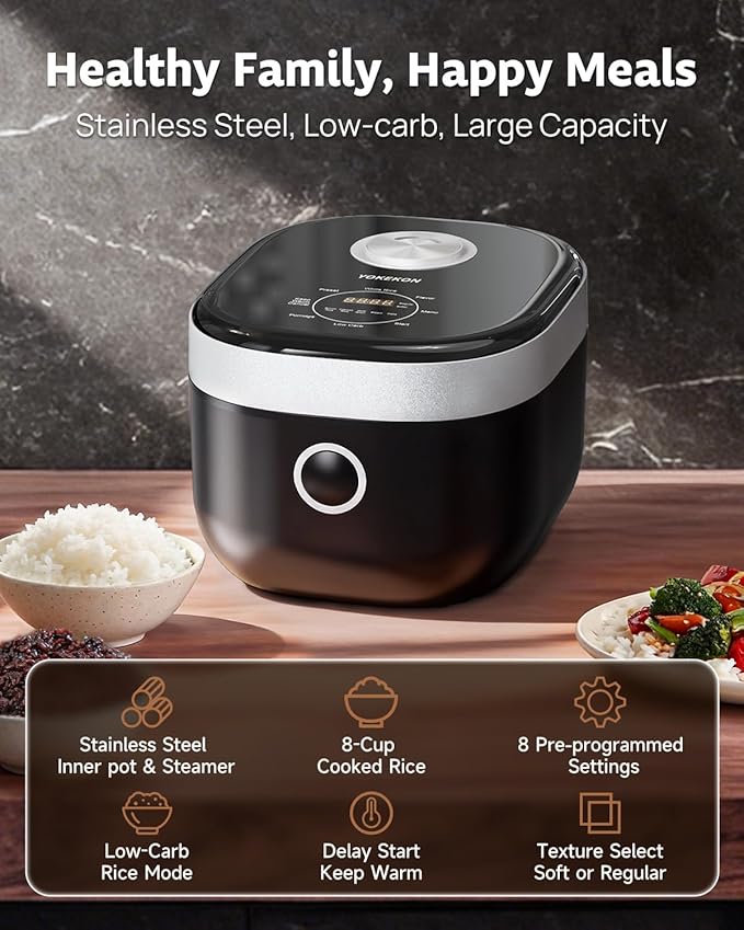 YOKEKON Rice Cooker Stainless Steel Inner Pot PFAS-Free Dishwasher Safe, Low Carb & Low Sugar Large Rice Cookers 8 Cup with Steamer Basket, 24H Delay Timer and Auto Keep Warm Feature,Black