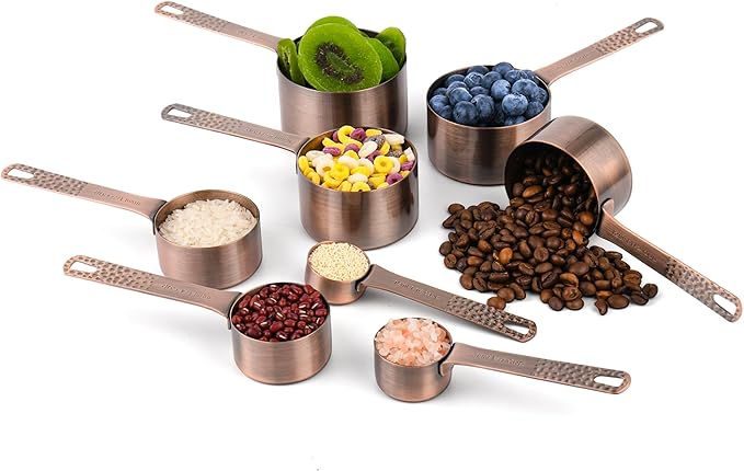 Copper Measuring Cups and Spoons Set, Stainless Steel Measuring Cups and Spoons Set for Baking and Kitchen, Measuring Cups Set with 3/4 Cup Measuring Cup