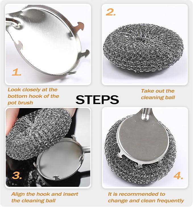 Heavy Duty Stainless Steel Scrubber Set - Long & Short Handle with 5 Steel Wool Pads, Cast Iron & Pot Scrubber for Dishes, Pans, Grills, Stoves