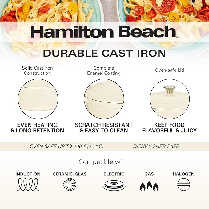 Hamilton Beach 5.5-Quart Enameled Cast Iron Dutch Oven Pot with Lid, Cream