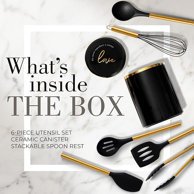 STYLED SETTINGS Black and Gold Kitchen Utensils Set – 8 Piece Silicone Cooking Utensils with Gold Handles, Black Ceramic Utensil Holder & Spoon Rest – Heat Resistant, Nonstick Safe, Sleek Storage