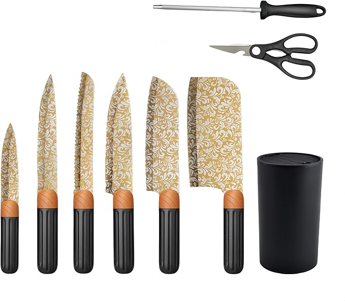 9-Piece Kitchen Knife Set with Block, Stainless Steel Chef, Santoku, Bread, Sushi, Fruit & Utility Knives + Kitchen Shears, Sharpener – Contrasting color design with non-slip handle