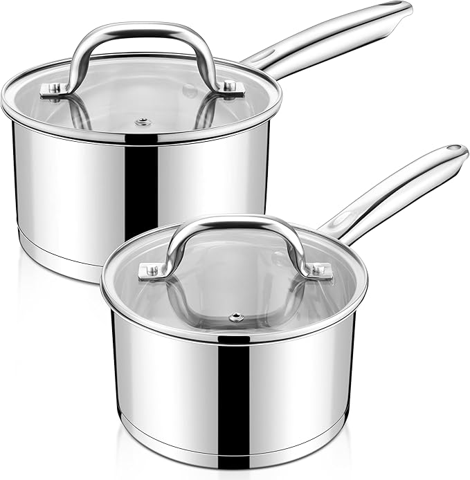 LIANYU 2QT & 3QT Saucepan with Tempered Glass Lid, Stainless Steel Small Sauce Pan Cooking Pot Set, Tri-Ply Bottom Versatile Sauce Pot for Kitchen, Oven & Dishwasher Safe