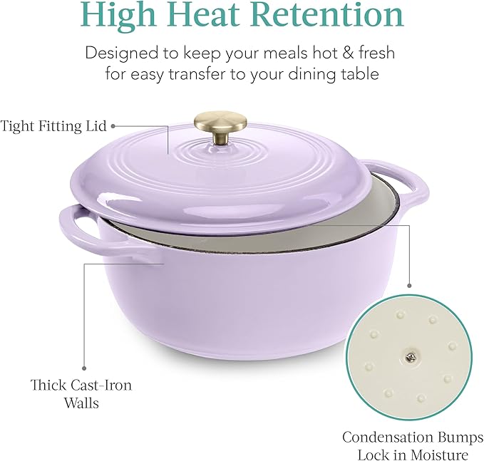 Best Choice Products 7.5 Quart Enamel Cast-Iron Round Dutch Oven, Family Style Heavy-Duty Pre-Seasoned Cookware for Home, Kitchen, Dining Room, Oven Safe w/Lid, Dual Handles - Lavender Mist