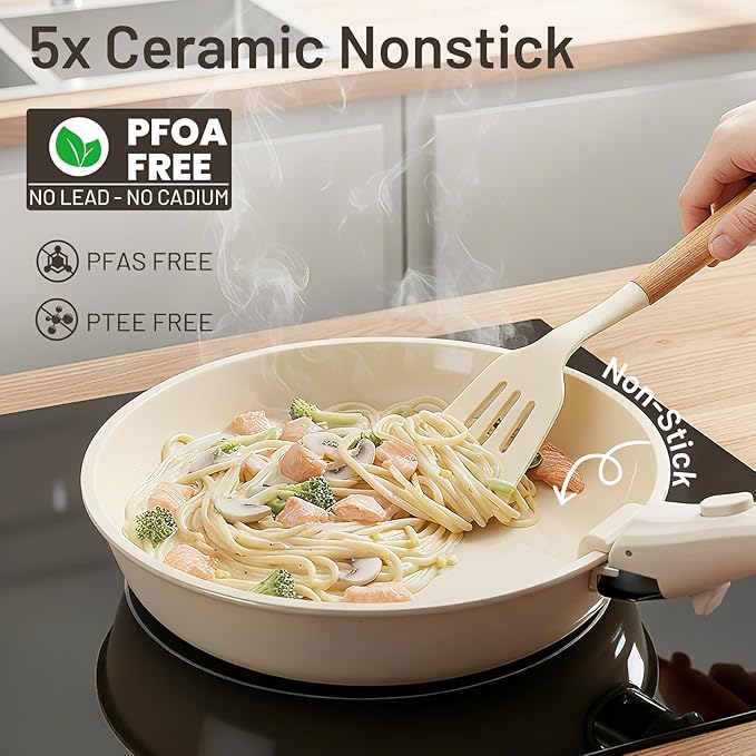 KIKCOIN Ceramic Nonstick Pots and Pans Set - Cookware Set with Detachable Handle - 25 Pack Stackable Cooking Set for RV Kitchen, with Frying Pans, Steamer - Induction/Dishwasher/Oven Safe, PFOA Free