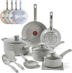 T-Fal Refresh Ceramic Nonstick Cookware Set, 12-Piece Ceramic Pots and Pans Set, Includes Stockpot, Griddle, Frying Pans, Utensils, Moon Grey