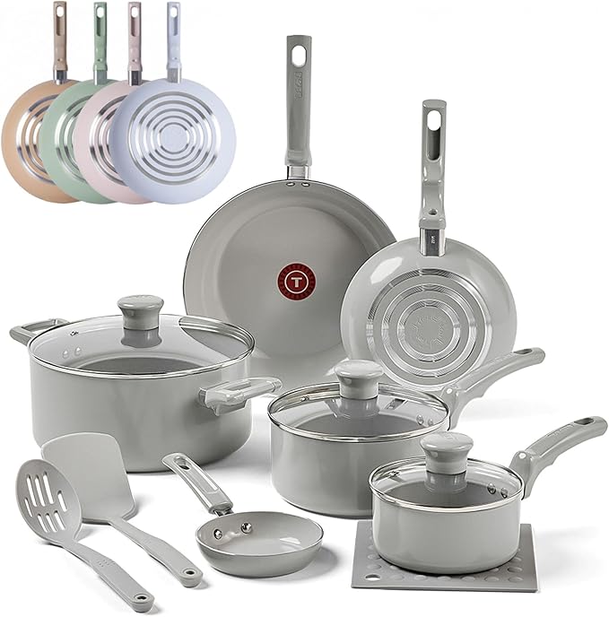 T-Fal Refresh Ceramic Nonstick Cookware Set, 12-Piece Ceramic Pots and Pans Set, Includes Stockpot, Griddle, Frying Pans, Utensils, Moon Grey