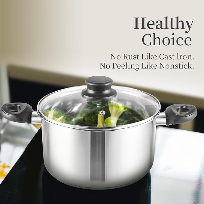 6-Piece Stainless Steel Cookware Set with Glass Lids, Stay-Cool Handles | Fry Pan, Saucepan, Sauce Pots | Compatible with Induction, Electric, Gas Stovetops | PFOA-Free, Dishwasher Safe