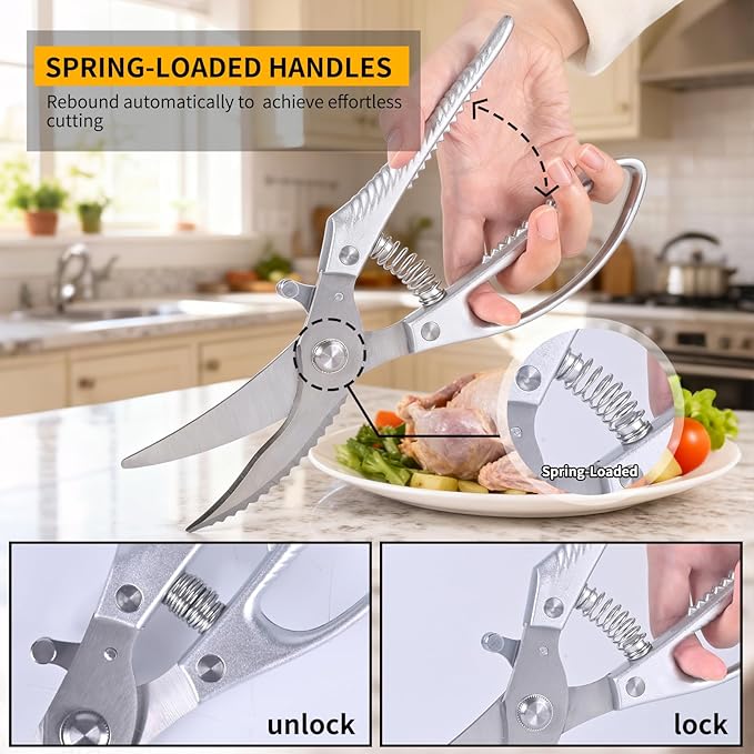 Heavy Duty Kitchen Shears - Professional Poultry Scissors with Anti-Slip Handle & Safety Lock, Spring-Loaded Dishwasher Safe for Chicken, Meat, Fish, Bones, Vegetables