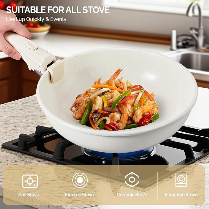 Bonnlo 19 Pcs Nonstick Pots and Pans Set with Lids, Kitchen Cookware Set with Detachable Handle Include Saucepan, Frying and Saute Pan, PFAS PFOA & PFOS Free, RV Induction, Aluminum, Cream White