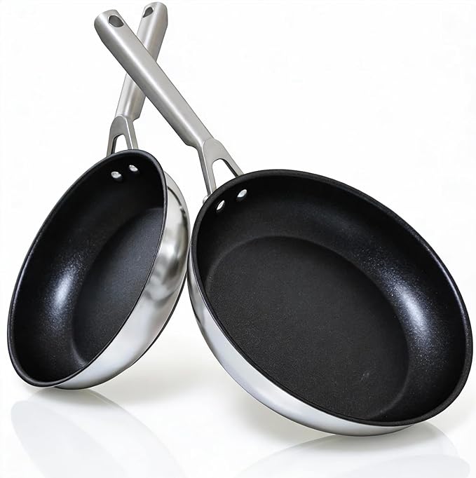 RV pan Stainless Steel Non Stick Fry Pan Set,8 & 10 Inch,Gas Electric Induction Compatible,PFOA Free,Dishwasher Safe,Oven Safe up to 500°F,2-Piece Cookware,Even Heat Distribution & Stay Cool Handles.