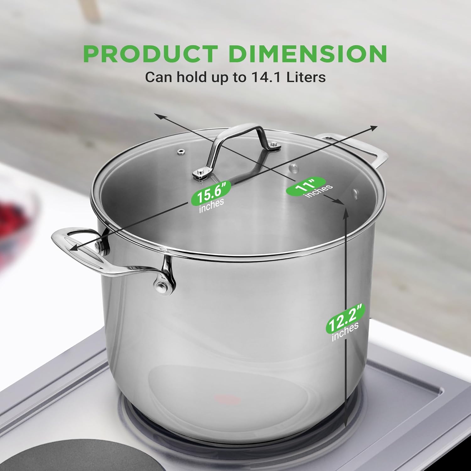 NutriChef 15-Quart Large Stainless Steel Stock Pot with Tempered Glass Lid - Induction Compatible Stockpot, Ideal for Stews & Soups, Dishwasher Safe