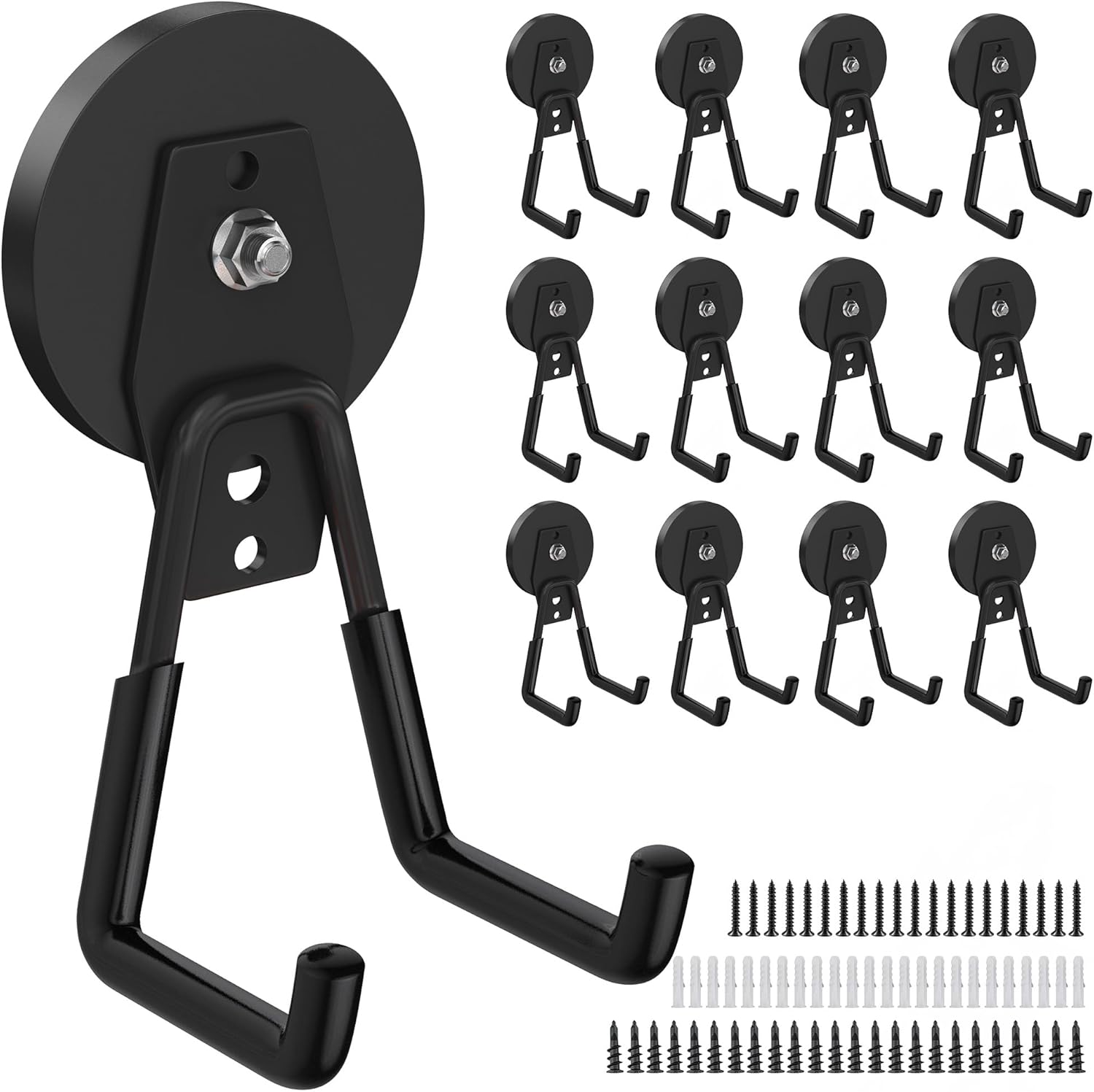 12 Pcs Magnetic Hooks Heavy Duty, Large Strong Magnetic Storage Hook for Hanging Garage Tool, 66mm Magnet Hooks with Anti-Slip Coating, Magnetic Holder for Power Drill/Metal Cabinet/Garden Tools
