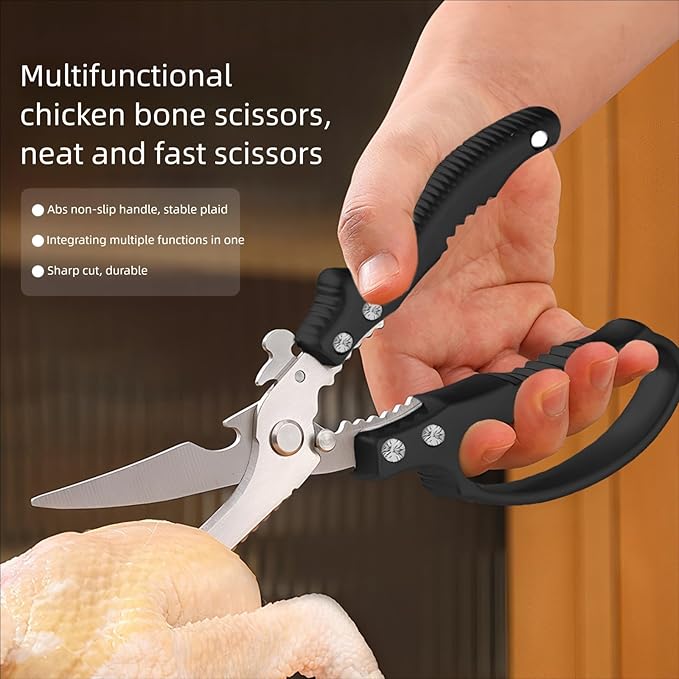 Kitchen Scissors Stainless Steel Shear, Safety Lock, Sharp Heavy Duty Poultry Shears for Food, Chicken Bones, Turkey, Dishwasher Safe, 9.33 Inch, Black