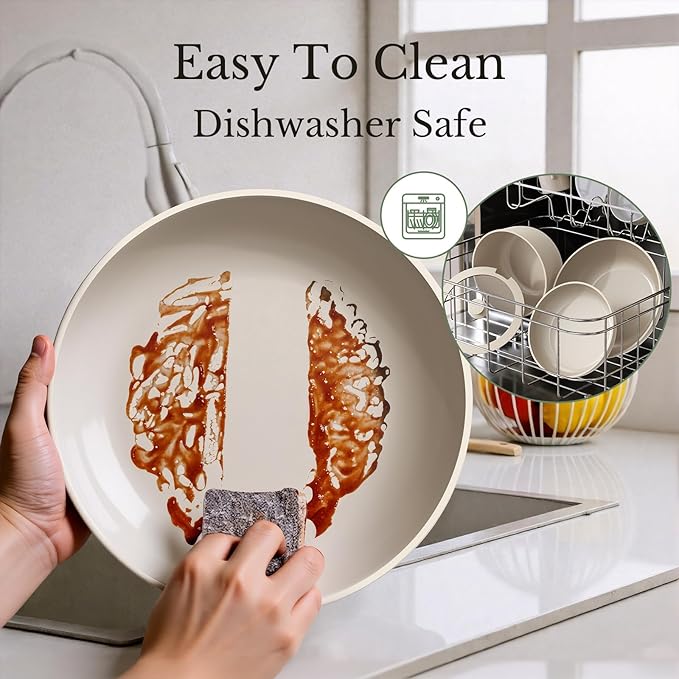 Pots and Pans Set Non Stick, Ceramic Cookware Set Detachable Handle, RV Camping Kitchen Cooking Set Removable Handles, Dishwasher/Oven/Fridge Safe, Induction, Space Saving，Cream White