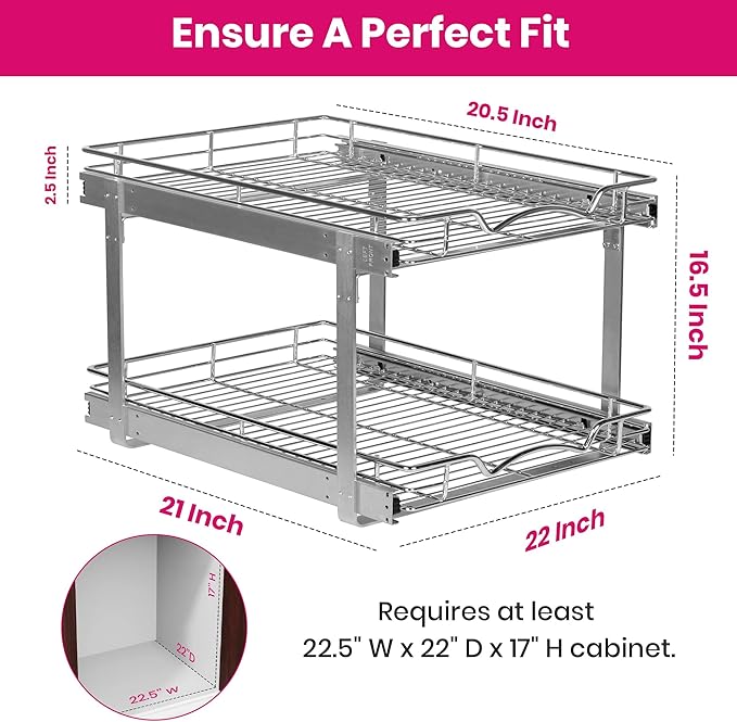 HOLDN’ STORAGE Two Tier Pull Out Cabinet Organizer, Individual Sliding Drawers - Heavy Duty Metal with Lifetime Limited Warranty - Anti Rust Chrome Finish - 22" W x 21”D x 16.5" H