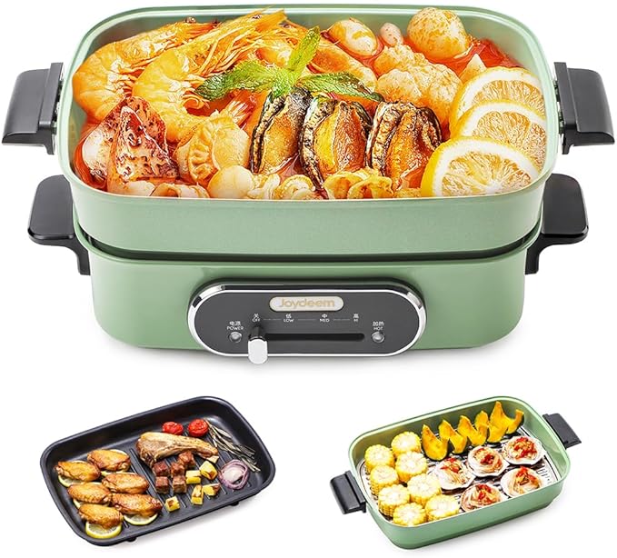 Joydeem 3-in-1 Electric Hot Pot, Multi-use Shabu Shabu Pot with Grill Pan & Steamer, Non-stick Ceramic Oil Coating, UL Listed, JD-HG9088G, Green
