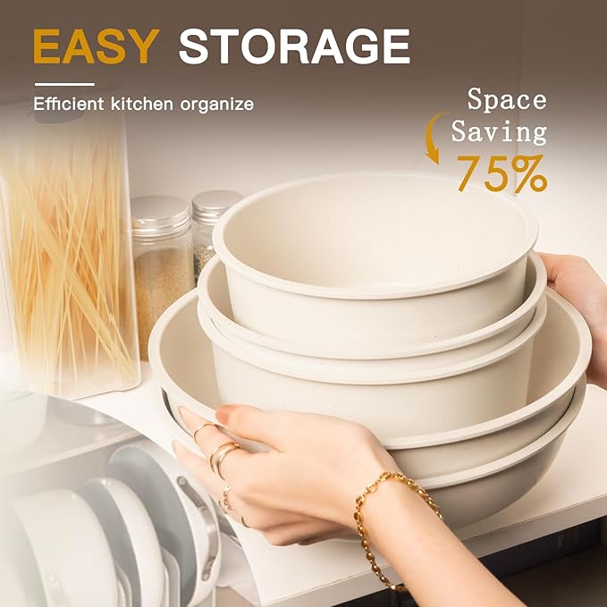 Astercook Ceramic Non-stick Cookware 21 Pcs Pots and Pans Set, Detachable Handle, RV Kitchen Non Stick Cooking Set Removable Handles, Oven Safe, Induction Ready, Stackable, Cream White