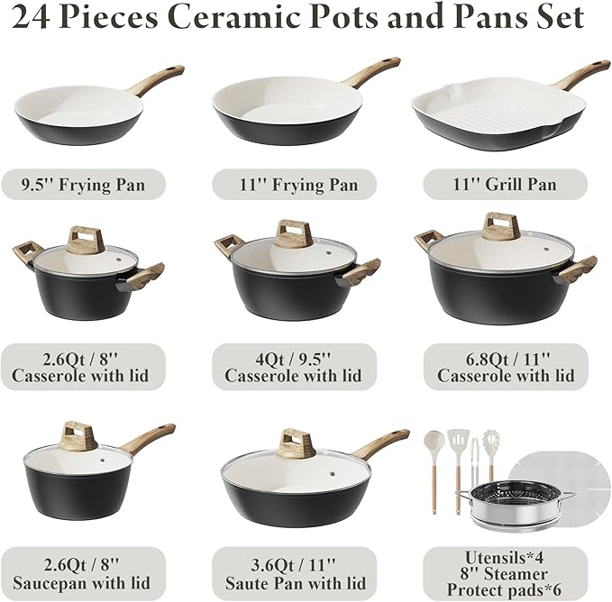 Pots and Pans Set, 24-Piece Non Stick Ceramic Cookware Set with 3 Stockpots-Healthy & Non-Toxic for Family Cooking, PFAS/PTFE/PFOA-Free, Lightweight & Easy to Handle, Induction Compatible