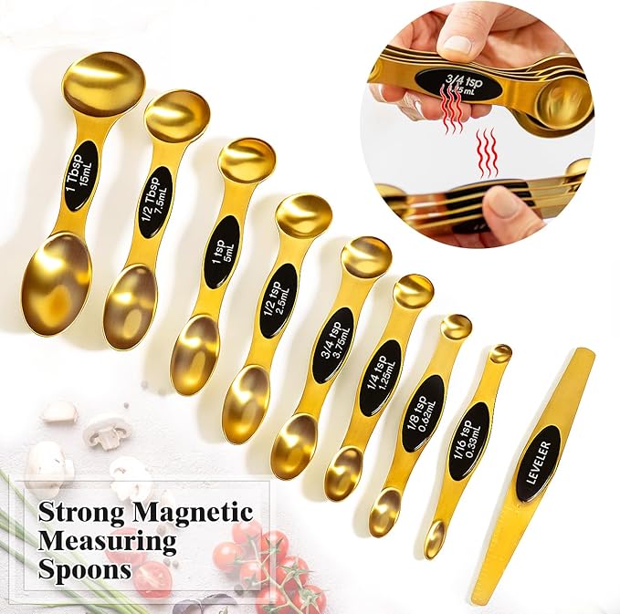 13pcs Gold Stainless Steel Measuring Cups and Spoons Set, 8 Double-Sided Magnetic Measuring Spoons Set & 4 Metal Measuring Cups & 1 Leveler for Kitchen Dry & Liquid Cooking Baking