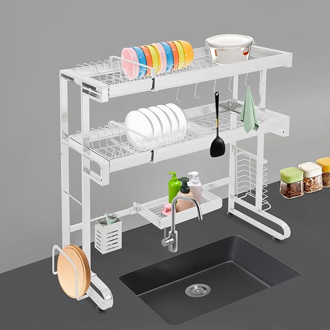 2 Tier Over The Sink Dish Drainer Drying Rack, Stainless Steel Storage Shelf Expandable Over Kitchen Sink, Multifunctional Counter Dish Organizer Rack (A Style)