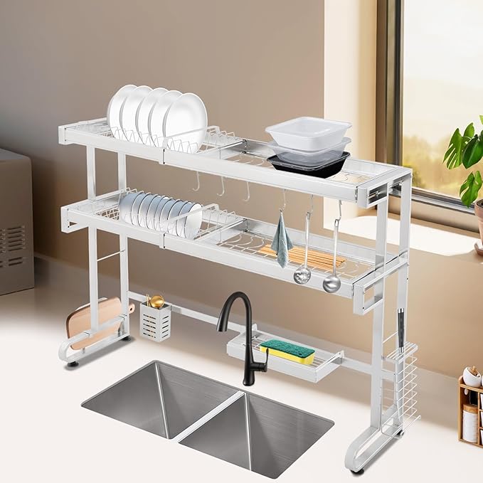 2 Tier Over The Sink Dish Drainer Drying Rack, Stainless Steel Storage Shelf Expandable Over Kitchen Sink, Multifunctional Counter Dish Organizer Rack (A Style)