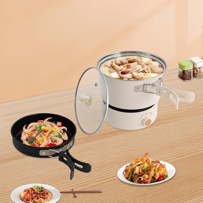LYNICESHOP Electric Hot Cooker Pot, 110V Hot Pot with Steamer Steamer Mini Multifunctional Pan Portable Mini Travel Cooker Non-Stick Electric Skillet Ramen Noodles Pasta (White)