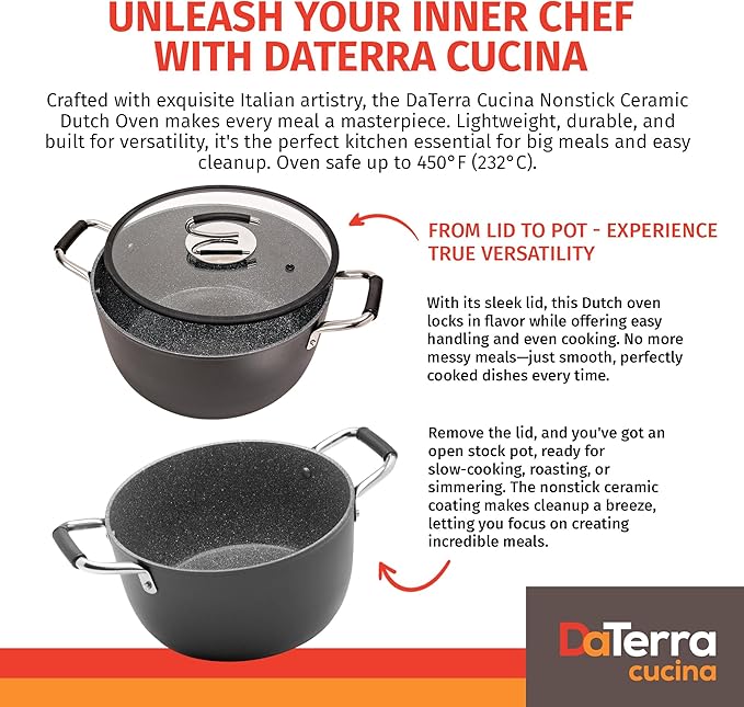 DaTerra Cucina – 8 Qt Nonstick Ceramic Dutch Oven with Lid – Large Oven Safe Stock Pot, Induction Compatible, Lightweight, Lead & PFOA Free, Volcanic Black, Durable Nonstick Cookware – Made in Italy
