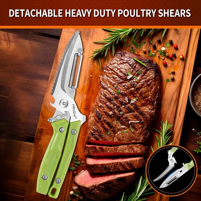 HANSHI Kitchen Shears Heavy Duty Kitchen Scissors with Magnetic Holder, Detachable Multifunctional Poultry Shears for Chicken, Meat, Fish, Turkey, Vegetable,Bone,Gift Box Included (Brown)