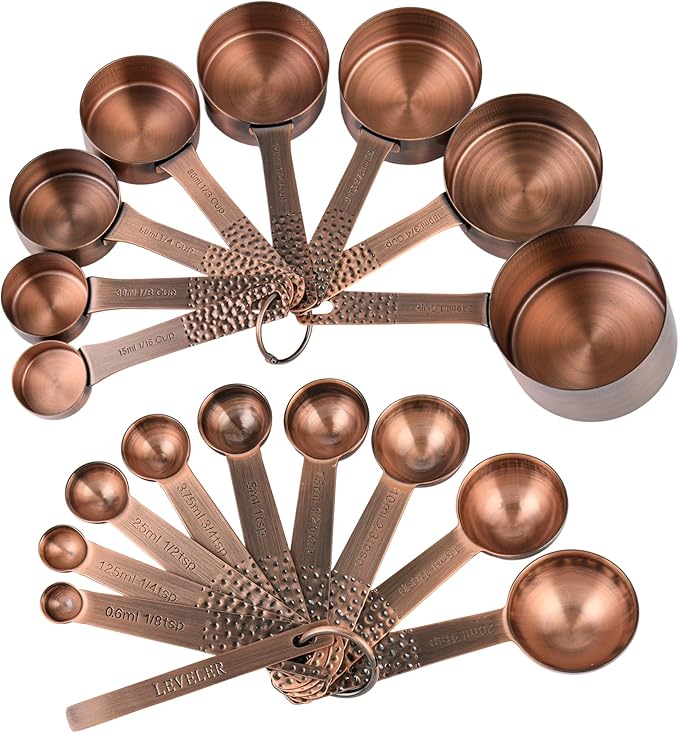 Copper Measuring Cups and Spoons Set 20 for Kitchen & Baking, Metric & US Stainless Steel Measuring Cups and Spoons with Leveler for Dry & Liquid, 8 Copper Plated Measure Cup & 9 Spoon