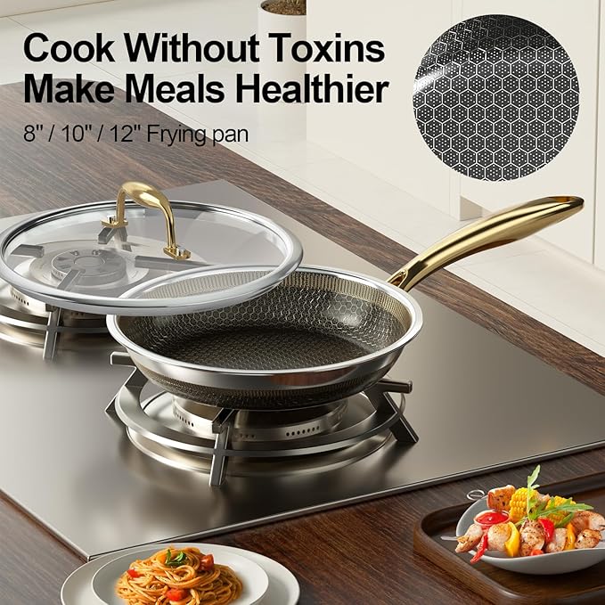 Fogdream 8” Non Stick Frying Pans, Stainless Steel Skillet with Lid, Tri-Ply Stainless Steel for All Cooktops, Dishwasher and Oven-Safe Cooking Pan, Stay-Cool Handle, Gold