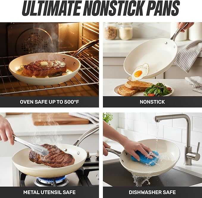 Gotham Steel 20pcs Pots and Pans Set Non Stick Ceramic Cookware Set with Deep Frying Pan Set & 6pc Knife Set, Improved Ti-Cerama Coating Made without PFOA PFOS Lasts 2x Longer, Oven & Dishwasher Safe