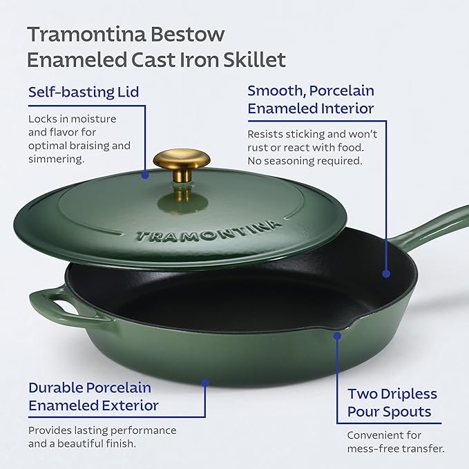 Tramontina Bestow Enameled Cast Iron Skillet with Lid, 12-inch Frying Pan, Cactus with Gold Knob