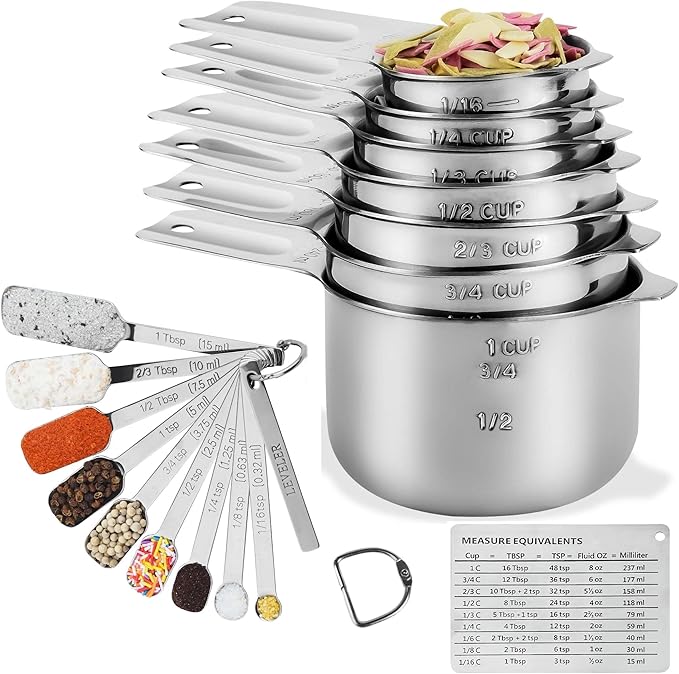 Measuring Cups and Spoons Set, Stainless Steel Measuring Cups and Spoons Set 20 With 7 Measure Cups & 9 Measure Spoons,1Leveler, 2Ring,1Conversion Chart for Kitchen & Baking
