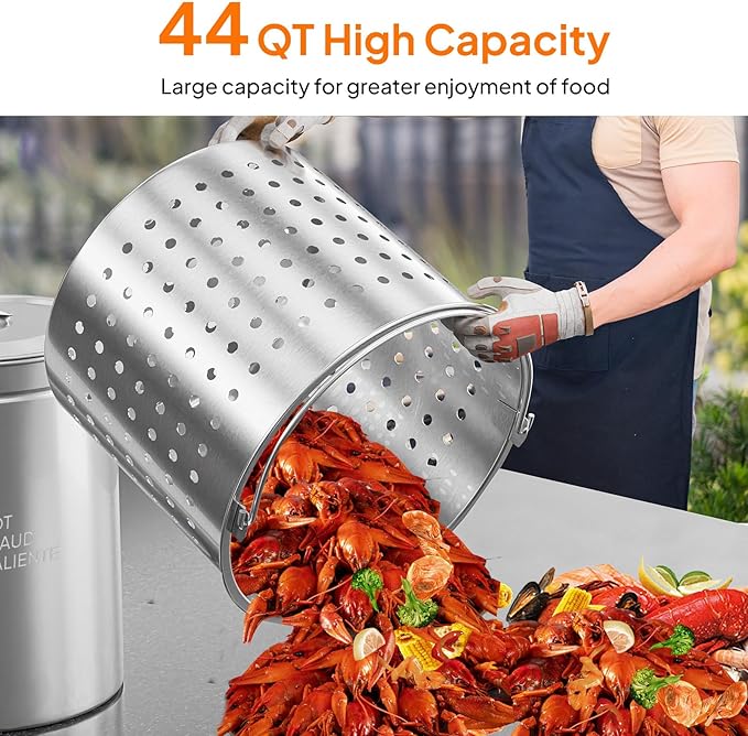 Bonnlo 44QT Turkey Fryer Pot with Steamer Basket, Lid & Lifting Hook, Stainless Steel Seafood Boil-Pot for Lobster, Crab & Shrimp, Heavy-Duty Deep Stockpot for Outdoor Boiling, Cooking & Frying