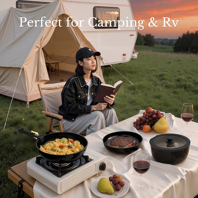 Pots and Pans Set Non Stick, Ceramic Cookware Set Detachable Handle, RV Camping Kitchen Cooking Set Removable Handles, Dishwasher/Oven/Fridge Safe, Induction, Space Saving，Black Gold