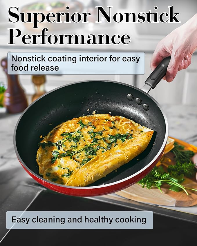 Cook N Home Nonstick Frying Pans Set 3 Piece, 8, 9.5, 11-Inch Kitchen Cooking Skillets Saute Fry Pan Induction Compatible, Marble Red