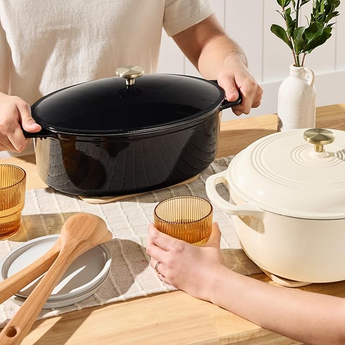 Best Choice Products Oval 7.5 Quart Enamel Cast-Iron Dutch Oven, Heavy-Duty Pre-Seasoned for Baking, Cooking w/Side Handles – Black Licorice