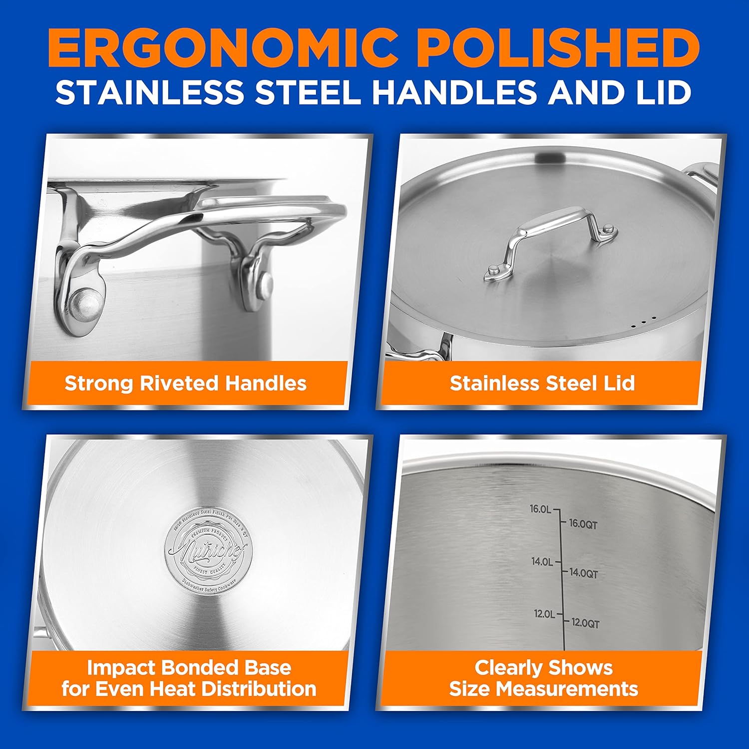 NutriChef 16-Quart Stainless Steel Stockpot - 18/8 Food Grade Heavy Duty Large Stock Pot for Stew, Simmering, Soup, Includes Lid, Dishwasher Safe, Works w/Induction, Ceramic & Halogen Cooktops