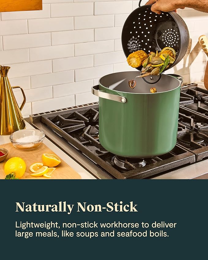 Caraway Stockpot - 12 Qt Ceramic Coated With Lid - Free From Forever Chemicals - Large Pot for Bigger Batches - Gray