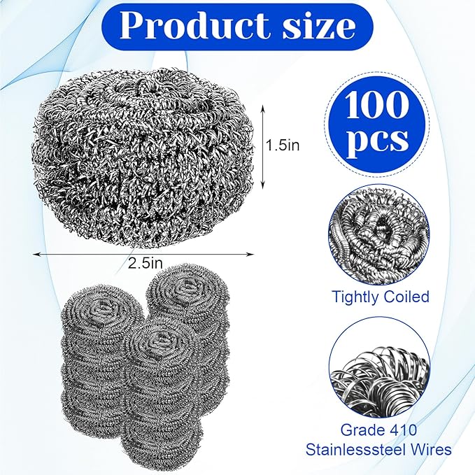 100 Pcs Stainless Steel Scouring Pads Heavy-Duty Metal Sponge Scrubbers for Kitchen & Grill Cleaning, Rust-Resistant Steel Wool for Pots, Pans, Oven 2.5"x1.5"