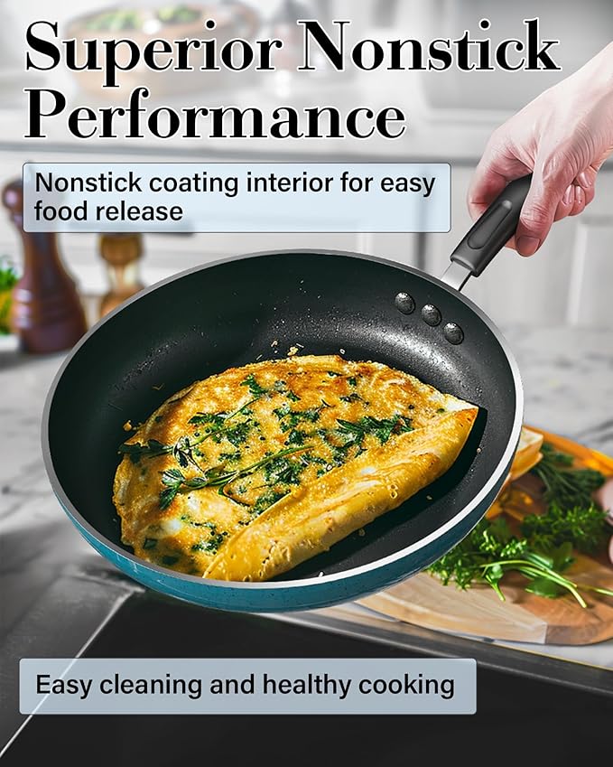 Cook N Home Nonstick Frying Pans Set 3 Piece, 8, 9.5, 11-Inch Kitchen Cooking Skillets Saute Fry Pan Induction Compatible, Turquoise