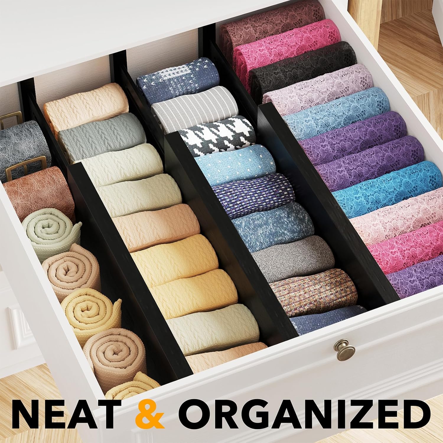 SpaceAid Bamboo Dresser Drawer Dividers 6 Pack, 4.65“ High Adjustable 12.5“-17” Drawer Organizers, Expandable Organization for Clothing, Clothes, Dressers, Black