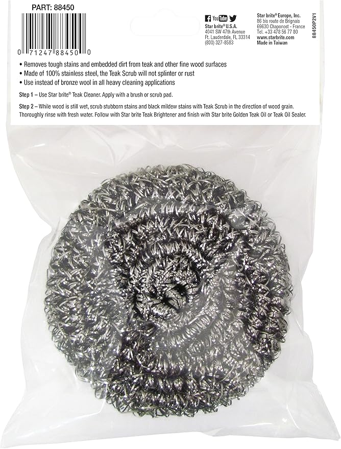 STAR BRITE Marine-Grade Stainless Steel Scrub Scouring Pad Scrubber - Refinish Wood Furniture & Boat Teak