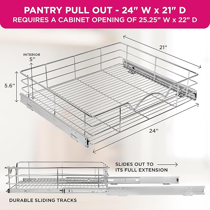 HOLDN’ STORAGE Heavy-Duty Premium Collection Pull Out Cabinet Organizer, Cabinet Drawer Slide Outs, Lifetime Limited Warranty - Basket Size 24" W x 21" D x 5" H, Anti-Rust Chrome Finish