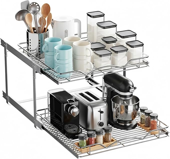 HOLDN’ STORAGE Two Tier Pull Out Cabinet Organizer, Individual Sliding Drawers - Heavy Duty Metal with Lifetime Limited Warranty - Anti Rust Chrome Finish - 22" W x 21”D x 16.5" H