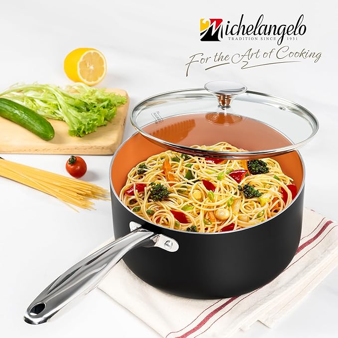 MICHELANGELO 4 Quart Saucepan with Lid - Ultra Nonstick Sauce Pan with Ceramic Coating, 4 Qt Non Stick Pot Induction Compatible, Copper