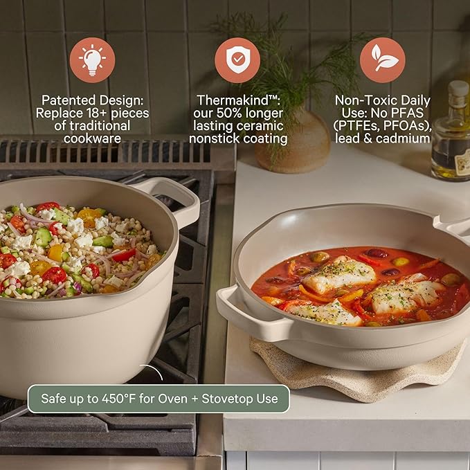 Our Place Cookware Duo | 7-Piece Ceramic Cookware Set with 10.5" Always Pan 2.0, 5.5 Qt Perfect Pot & Strainer Basket | Induction & Oven Safe up to 450°F | Nonstick, Non-Toxic Cookware | Char